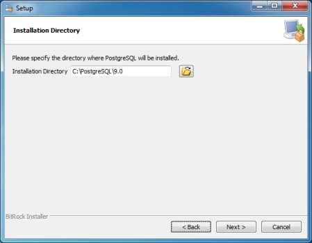 PostgreSQL installation directory (C:\PostgreSQL\9.0)